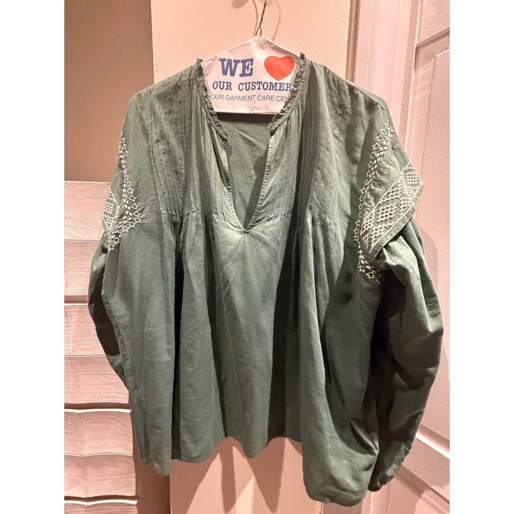 La Redoute Collections Green Embroidered Pintuck Peasant Blouse Top XL Womens